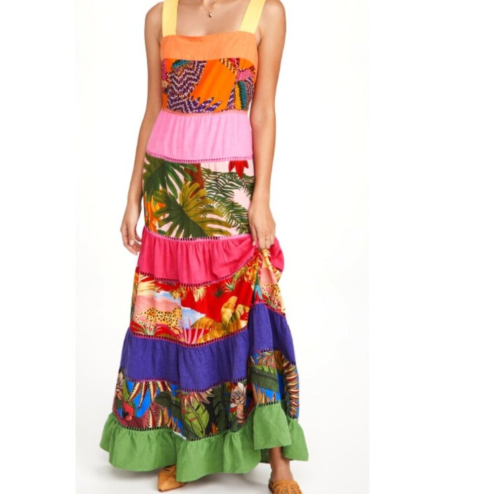 Farm Rio Rainbow Mixed Prints Maxi Dress Tropical Boho Gypsy - Picture 2 of 14
